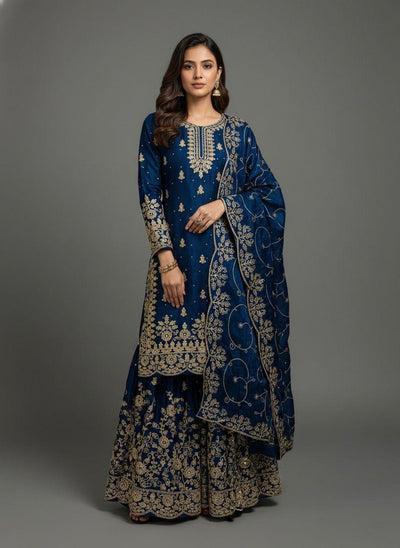 Deep blue Designer Silk Embroidered Top, Palazzo & Dupatta Set