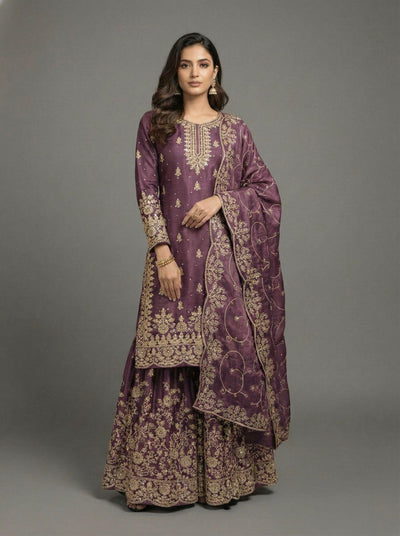 Dusty Pink Designer Silk Embroidered Top, Palazzo & Dupatta Set