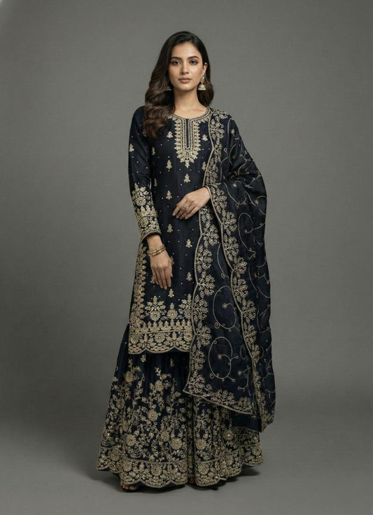 Black Designer Silk Embroidered Top, Palazzo & Dupatta Set Eid Special