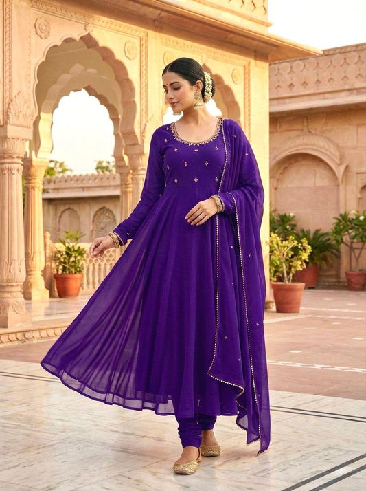 Rich Purple Party Wear Georgette Gown with Pant & Dupatta