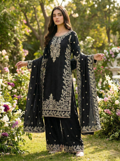 Black  Designer Silk Heavy Embroidery Top, Plazzo & Dupatta Set Eid Special
