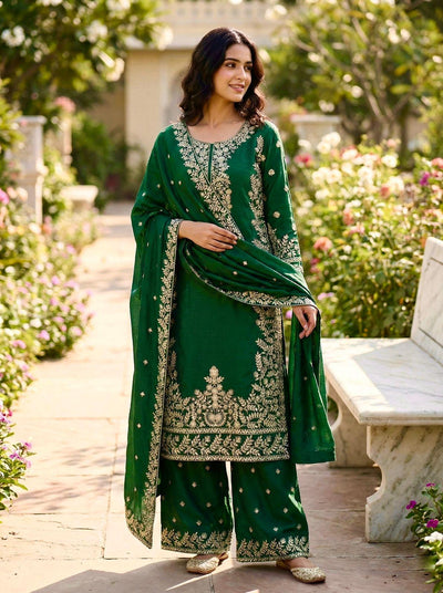Green Designer Silk Heavy Embroidery Top, Plazzo & Dupatta Set Eid Special