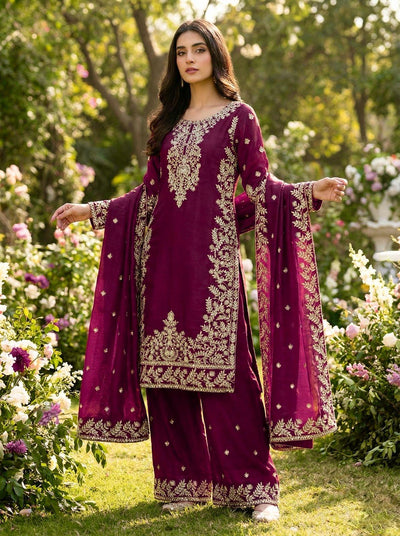 Wine Designer Silk Heavy Embroidery Top, Plazzo & Dupatta Set Eid Special