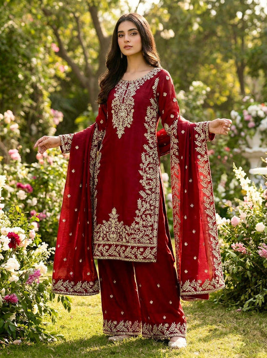 Red Designer Silk Heavy Embroidery Top, Plazzo & Dupatta Set Eid Special