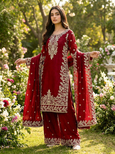 Red Designer Silk Heavy Embroidery Top, Plazzo & Dupatta Set Eid Special