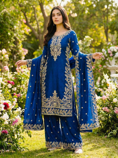 Deep Blue  Designer Silk Heavy Embroidery Top, Plazzo & Dupatta Set Eid Special
