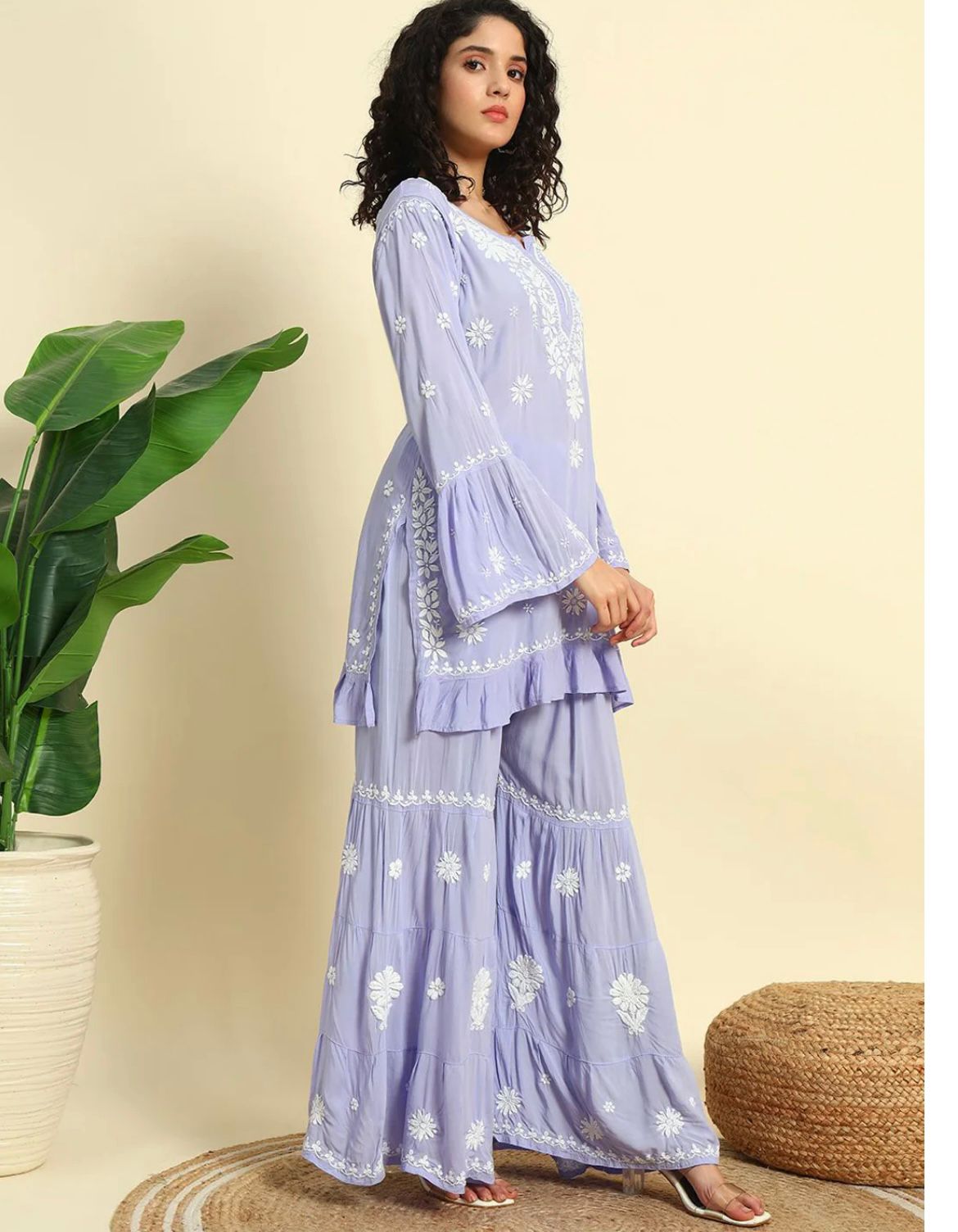 Lavendar Lucknowi Chikankari Modal Short Kurta & Gharara Set