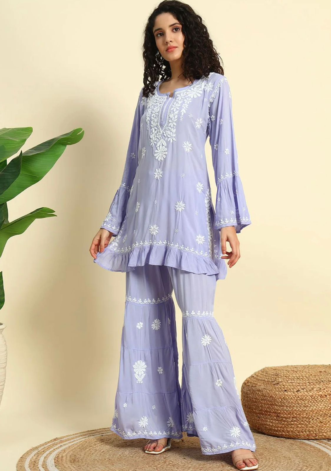 Lavendar Lucknowi Chikankari Modal Short Kurta & Gharara Set