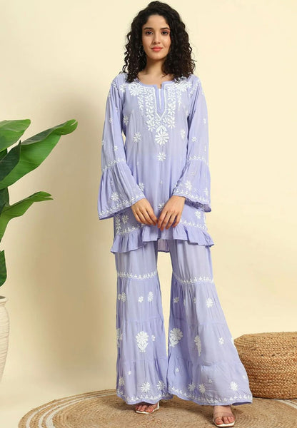 Lavendar Lucknowi Chikankari Modal Short Kurta & Gharara Set