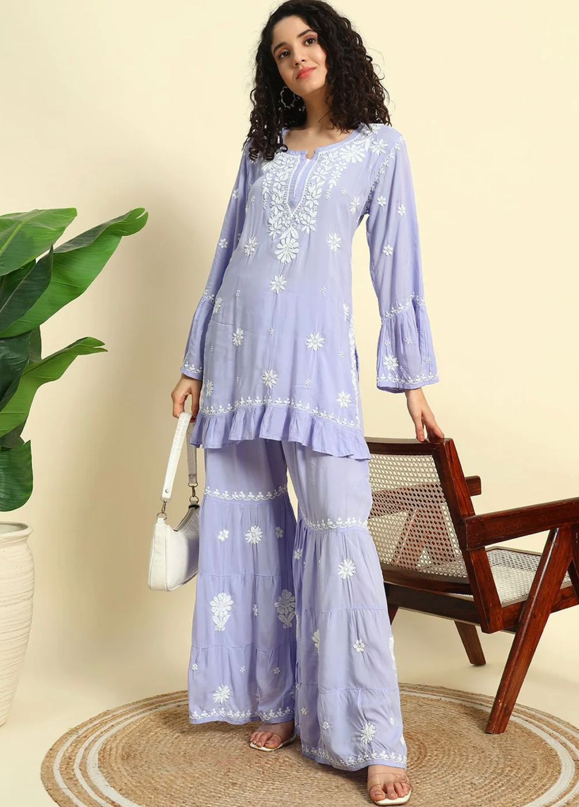 Lavendar Lucknowi Chikankari Modal Short Kurta & Gharara Set
