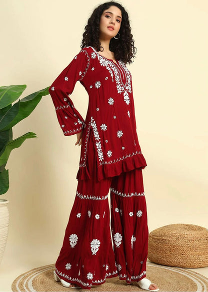 Maroon Lucknowi Chikankari Modal Short Kurta & Gharara Set