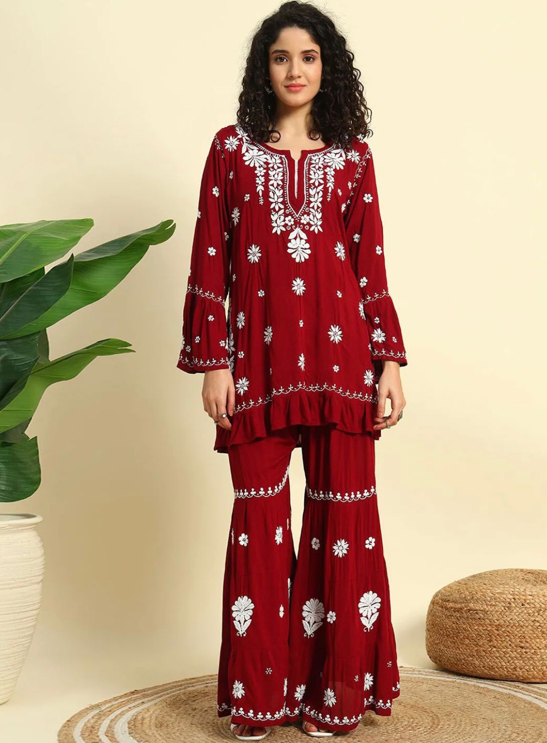 Maroon Lucknowi Chikankari Modal Short Kurta & Gharara Set
