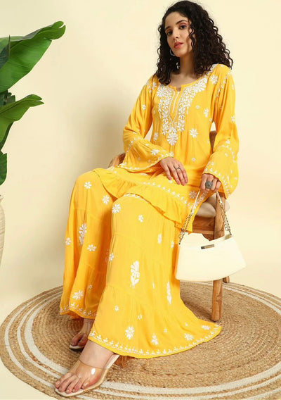 Yellow Lucknowi Chikankari Modal Short Kurta & Gharara Set