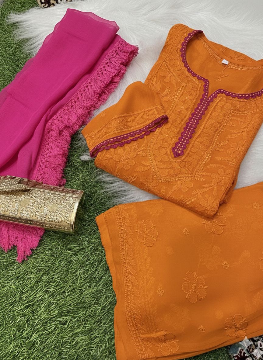 Terracotta & Pink Chikankari Elegance Ensemble
