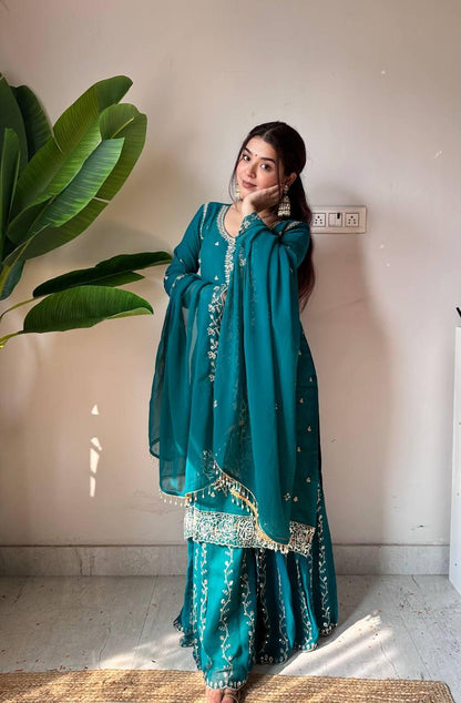 Teal Faux Georgette Sequins Embroidered Kurti Gharara Set with Dupatta - Eid Special