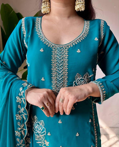 Teal Faux Georgette Sequins Embroidered Kurti Gharara Set with Dupatta - Eid Special