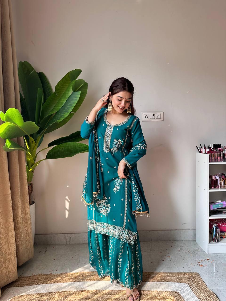 Teal Faux Georgette Sequins Embroidered Kurti Gharara Set with Dupatta - Eid Special