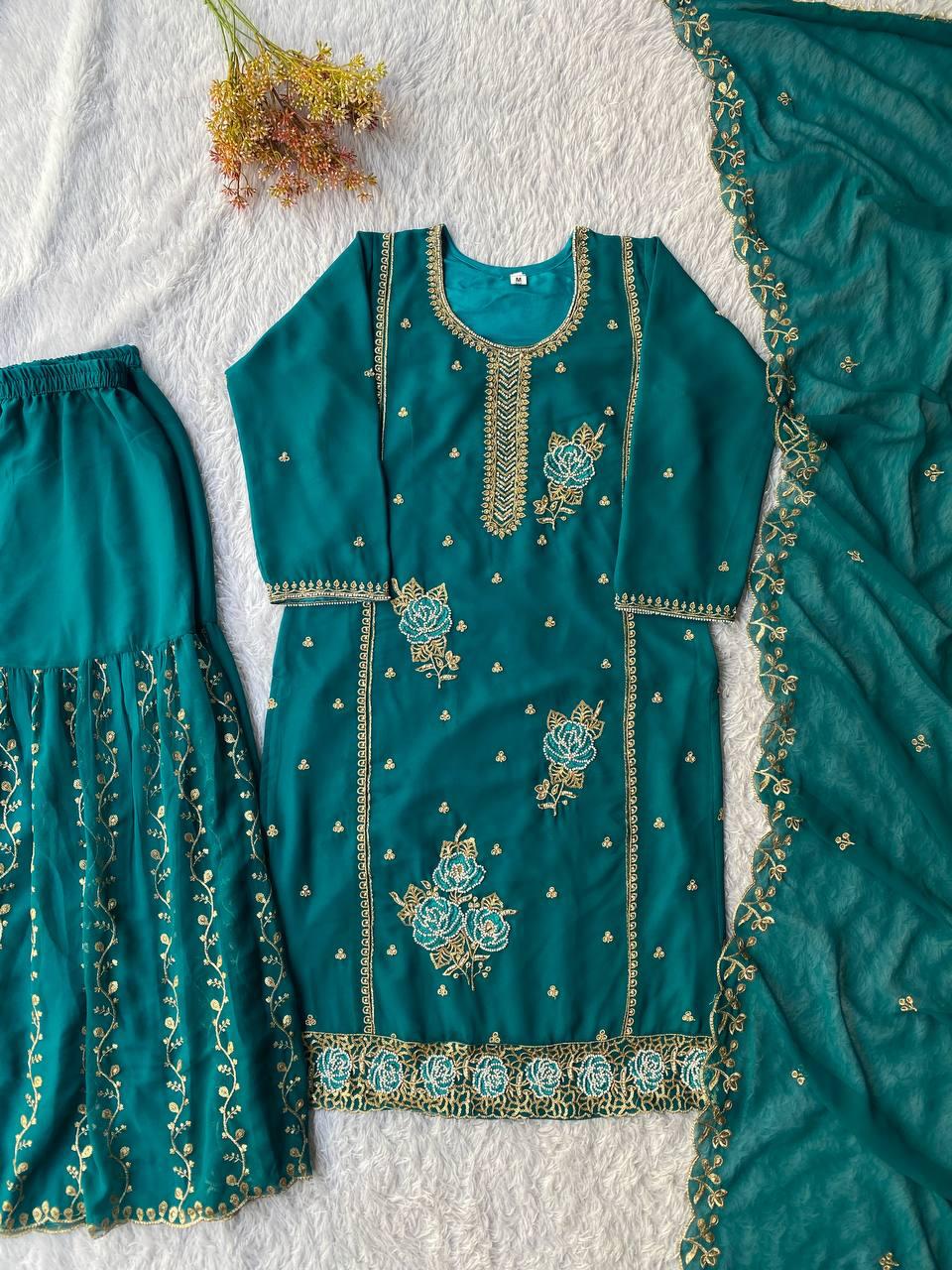 Teal Faux Georgette Sequins Embroidered Kurti Gharara Set with Dupatta - Eid Special