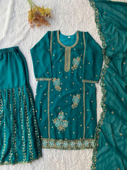 Teal Faux Georgette Sequins Embroidered Kurti Gharara Set with Dupatta - Eid Special