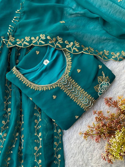 Teal Faux Georgette Sequins Embroidered Kurti Gharara Set with Dupatta - Eid Special