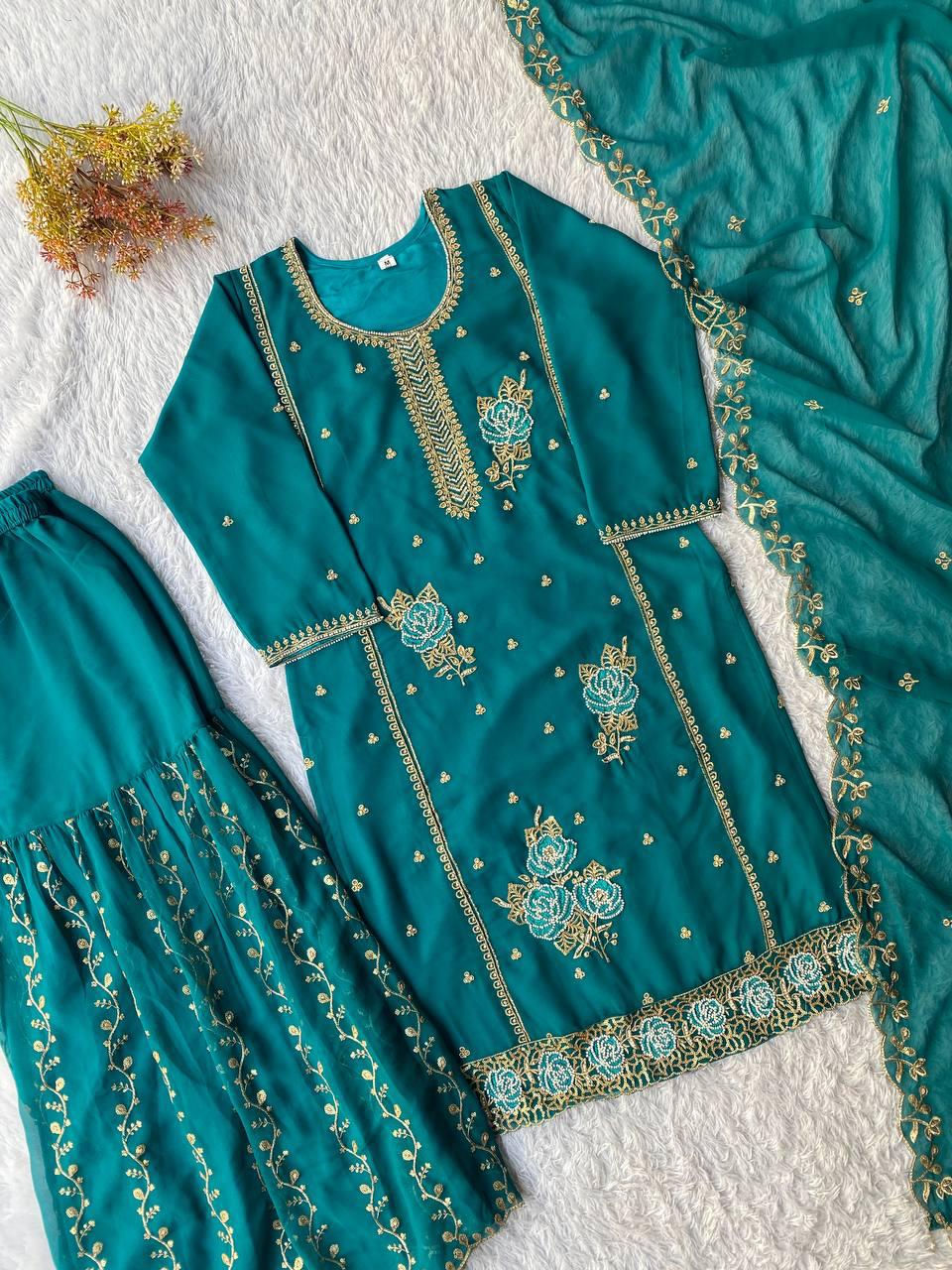 Teal Faux Georgette Sequins Embroidered Kurti Gharara Set with Dupatta - Eid Special