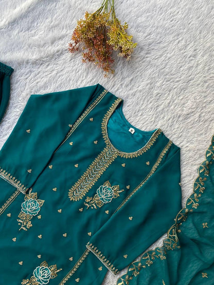 Teal Faux Georgette Sequins Embroidered Kurti Gharara Set with Dupatta - Eid Special