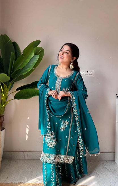 Teal Faux Georgette Sequins Embroidered Kurti Gharara Set with Dupatta - Eid Special