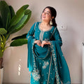Teal Faux Georgette Sequins Embroidered Kurti Gharara Set with Dupatta - Eid Special