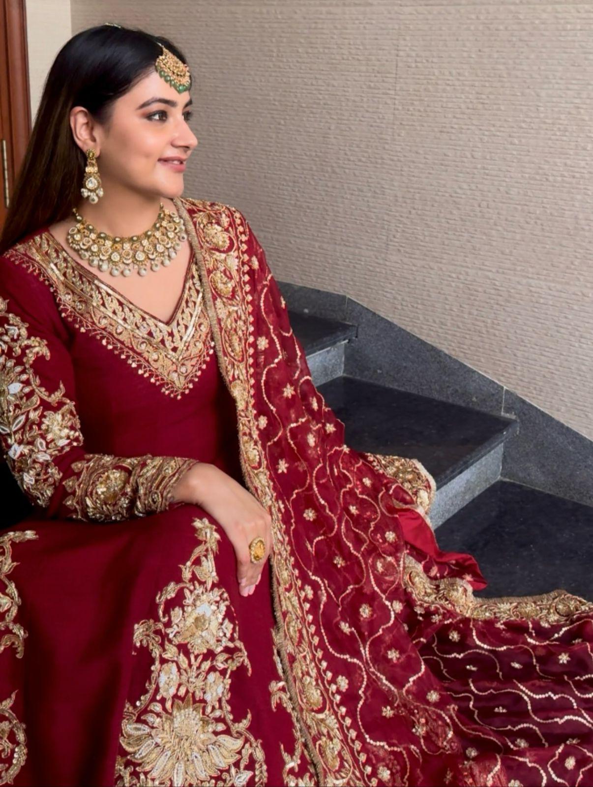 Red Graceful Faux Georgette Anarkali Suit Set (Pant & Dupatta)