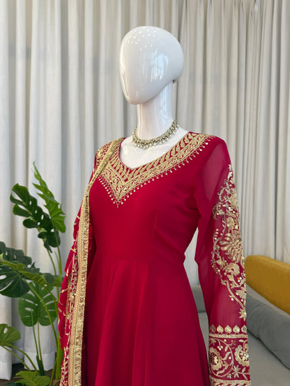 Red Graceful Faux Georgette Anarkali Suit Set (Pant & Dupatta)