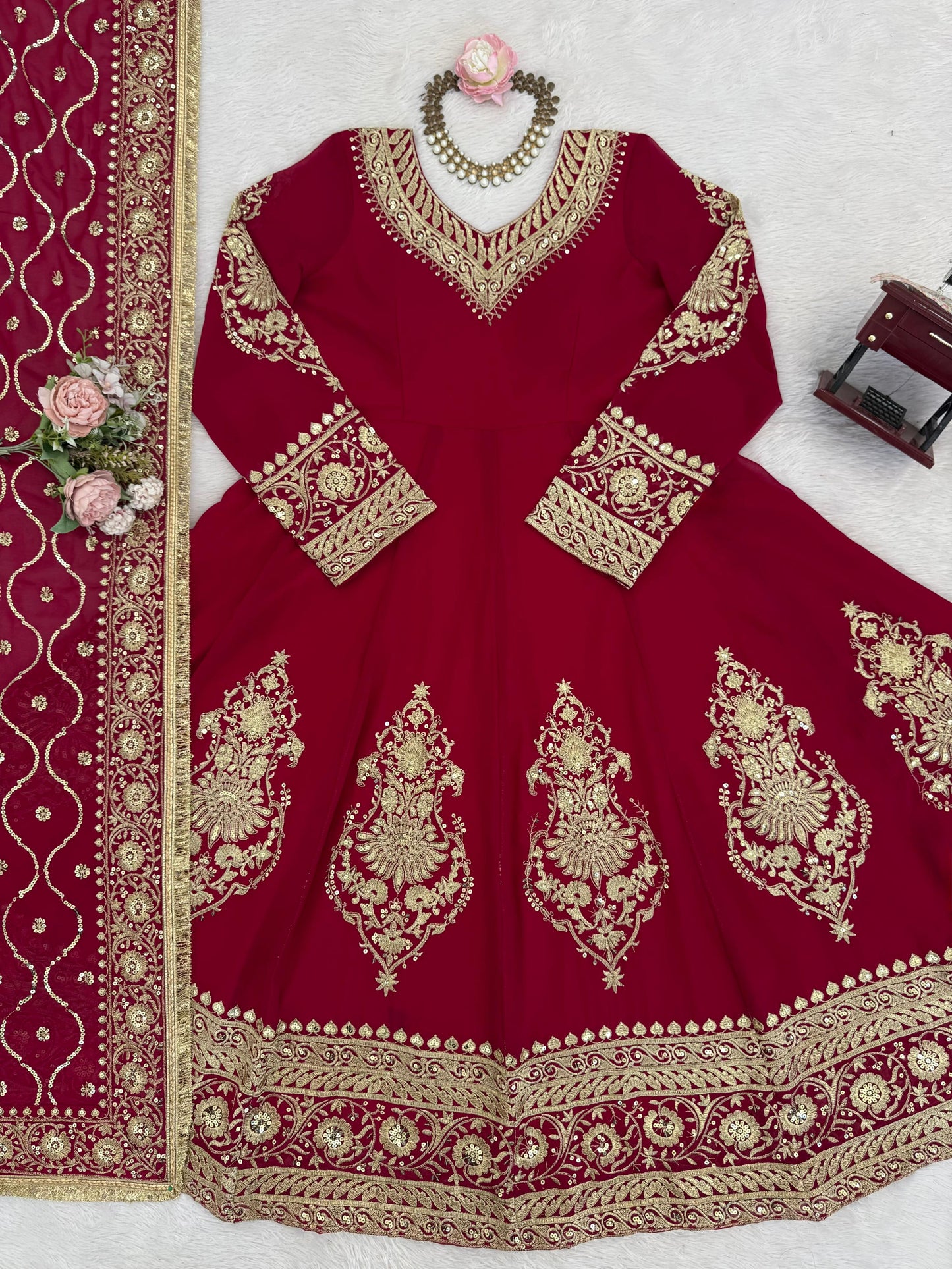 Red Graceful Faux Georgette Anarkali Suit Set (Pant & Dupatta)