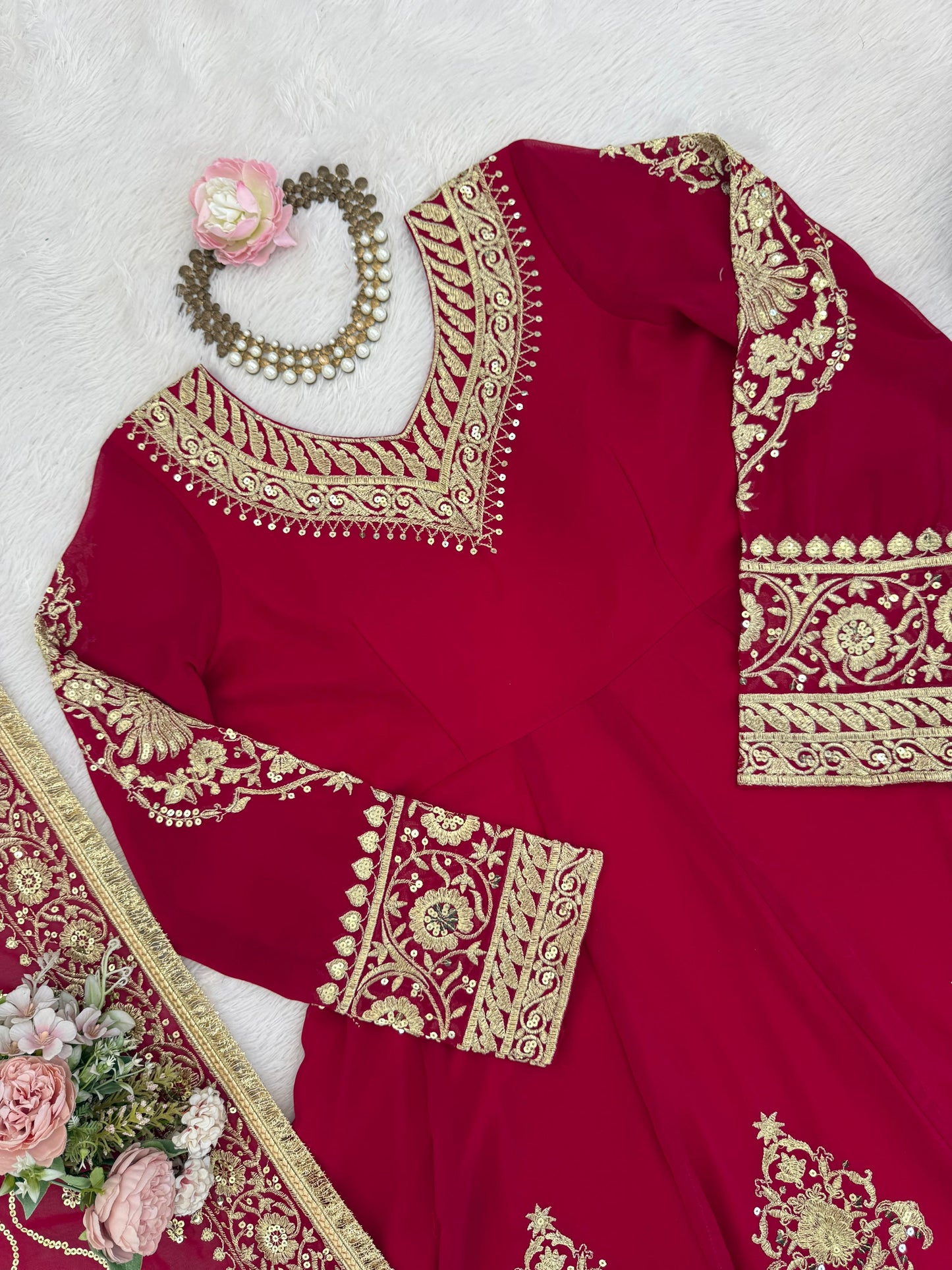 Red Graceful Faux Georgette Anarkali Suit Set (Pant & Dupatta)