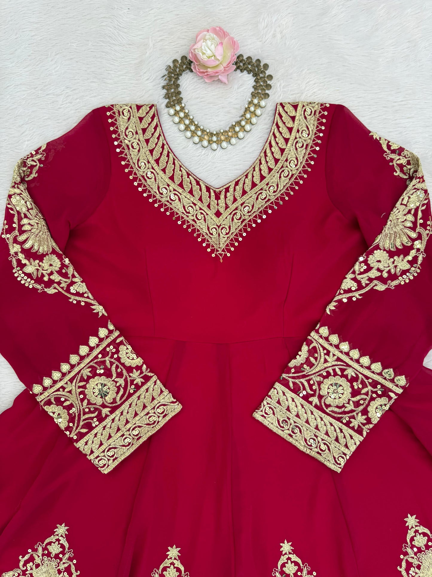 Red Graceful Faux Georgette Anarkali Suit Set (Pant & Dupatta)