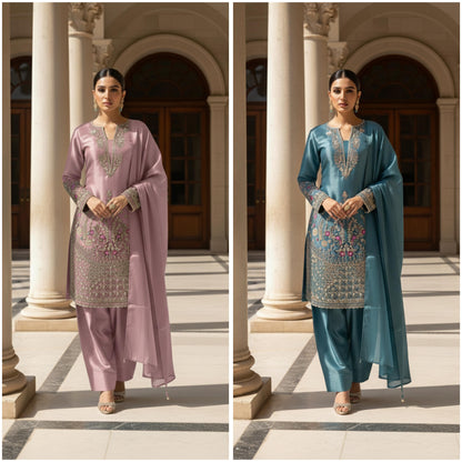 Sky Blue Designer Embroidered Organza Top with Farsi Salwaar & Dupatta Set