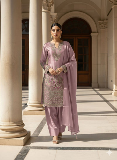 Pink Designer Embroidered Organza Top with Farsi Salwaar & Dupatta Set