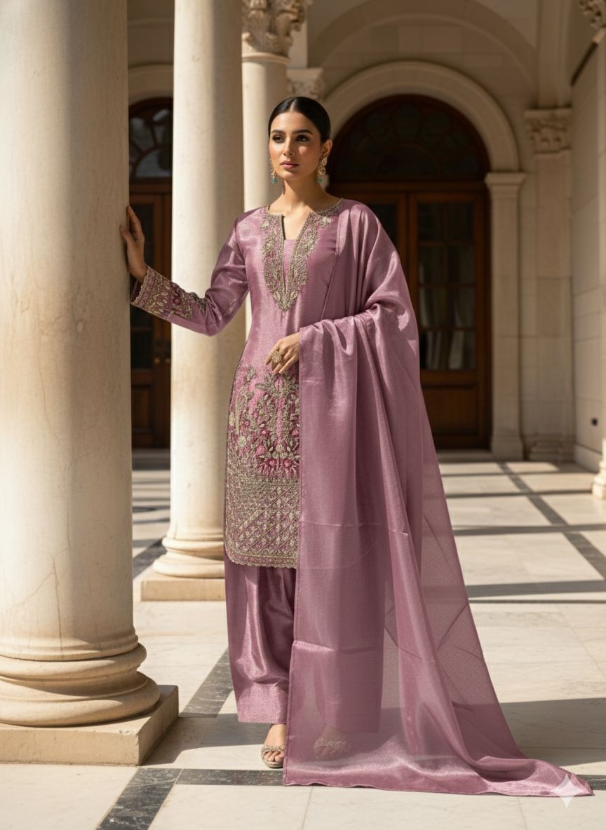 Pink Designer Embroidered Organza Top with Farsi Salwaar & Dupatta Set