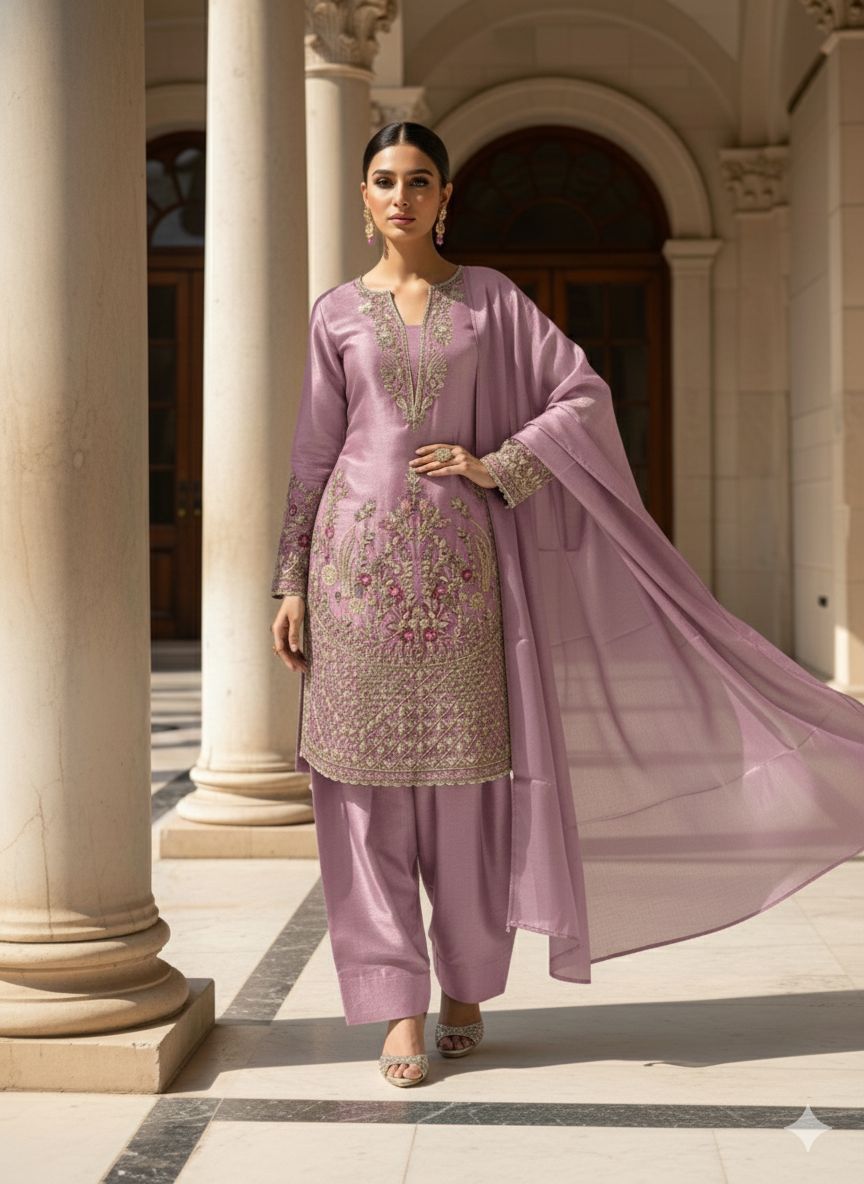 Pink Designer Embroidered Organza Top with Farsi Salwaar & Dupatta Set
