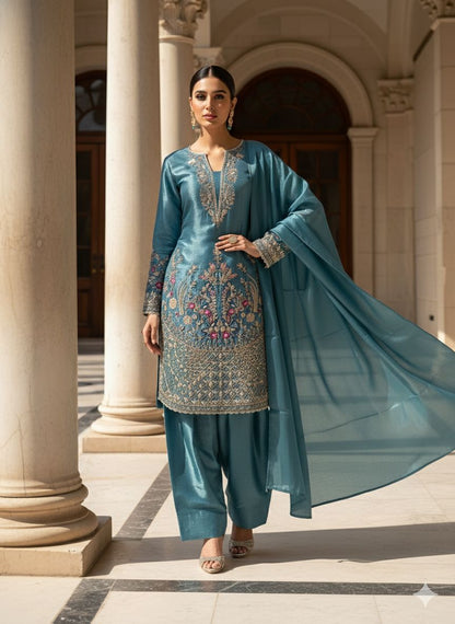 Sky Blue Designer Embroidered Organza Top with Farsi Salwaar & Dupatta Set