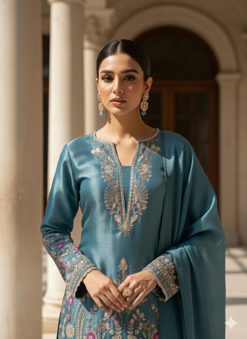 Sky Blue Designer Embroidered Organza Top with Farsi Salwaar & Dupatta Set