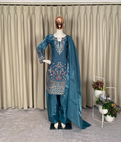Sky Blue Designer Embroidered Organza Top with Farsi Salwaar & Dupatta Set