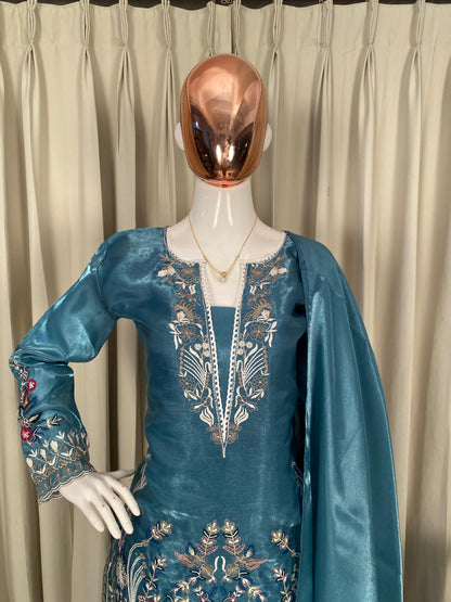 Sky Blue Designer Embroidered Organza Top with Farsi Salwaar & Dupatta Set
