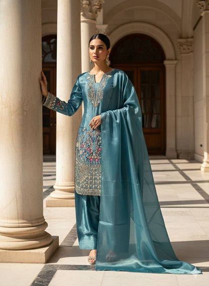 Sky Blue Designer Embroidered Organza Top with Farsi Salwaar & Dupatta Set