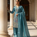 Sky Blue Designer Embroidered Organza Top with Farsi Salwaar & Dupatta Set