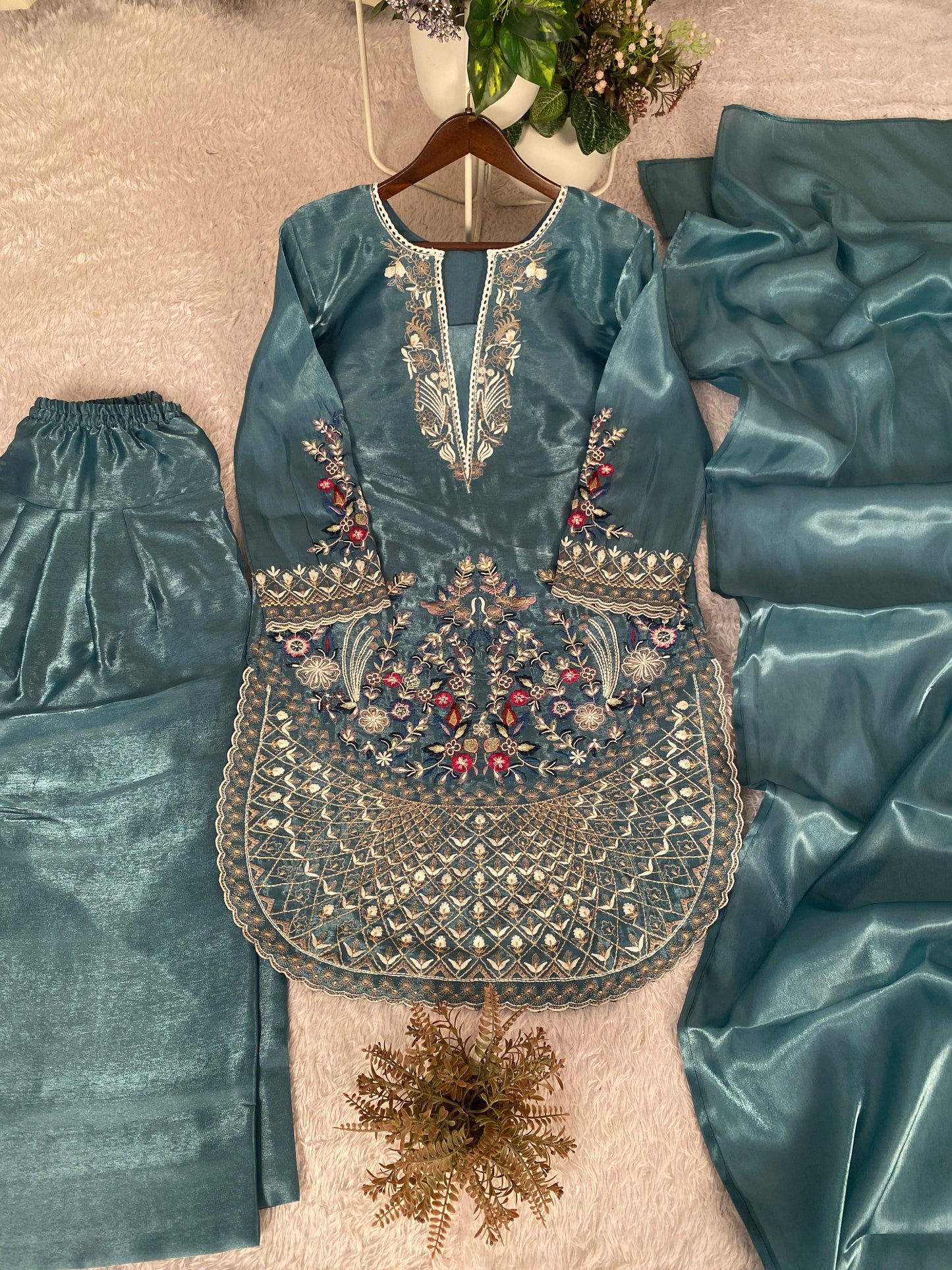 Sky Blue Designer Embroidered Organza Top with Farsi Salwaar & Dupatta Set