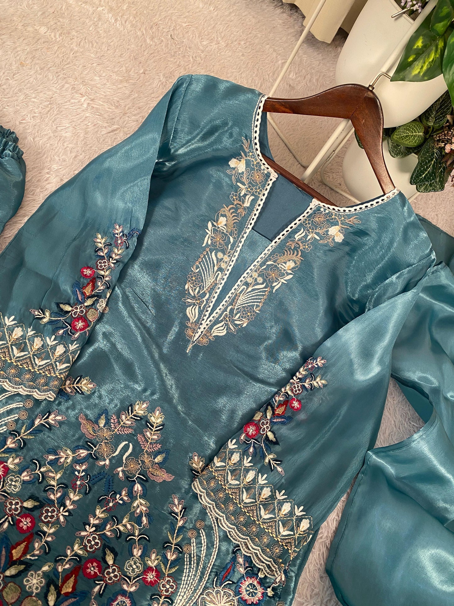 Sky Blue Designer Embroidered Organza Top with Farsi Salwaar & Dupatta Set