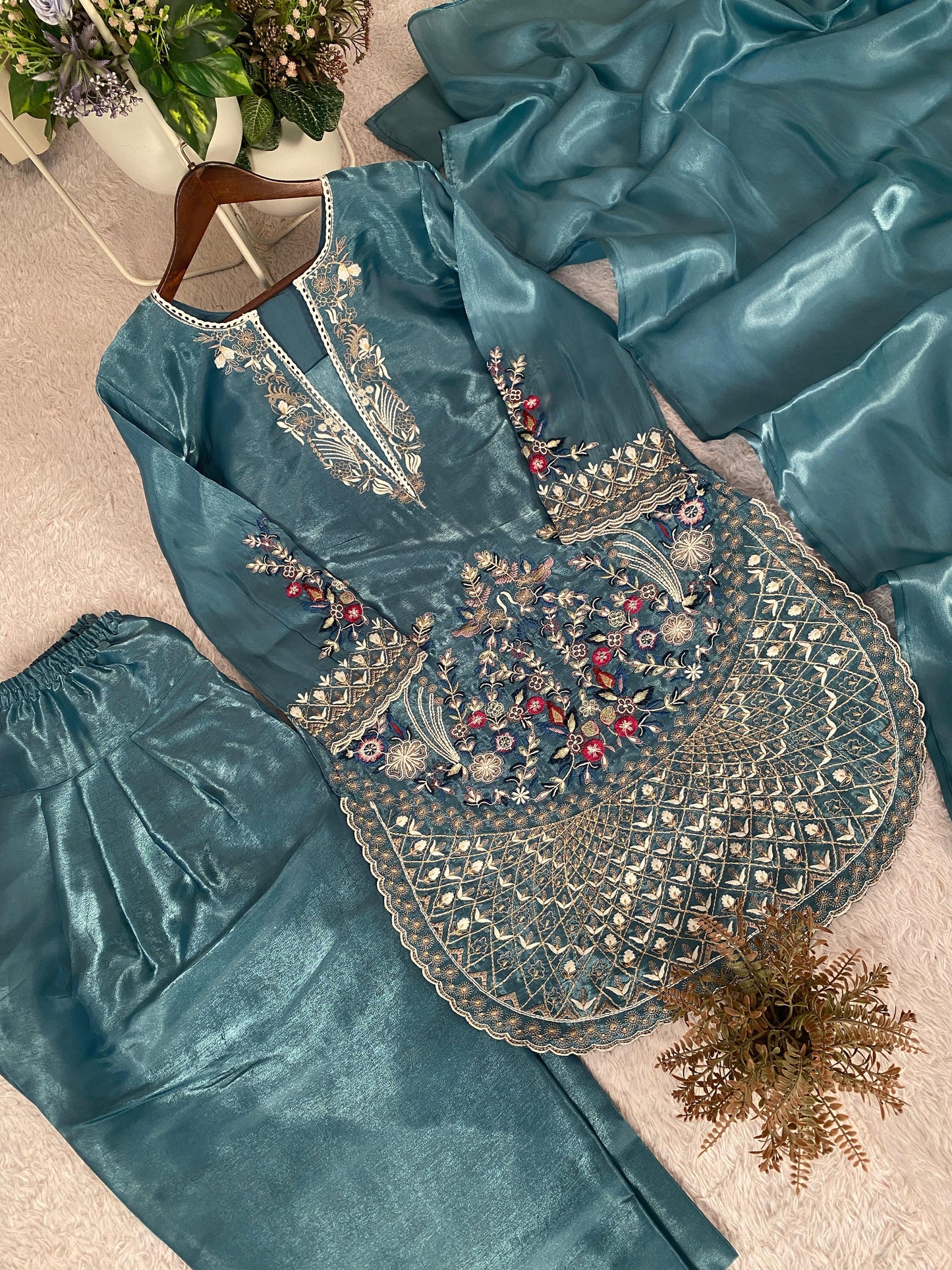Sky Blue Designer Embroidered Organza Top with Farsi Salwaar & Dupatta Set