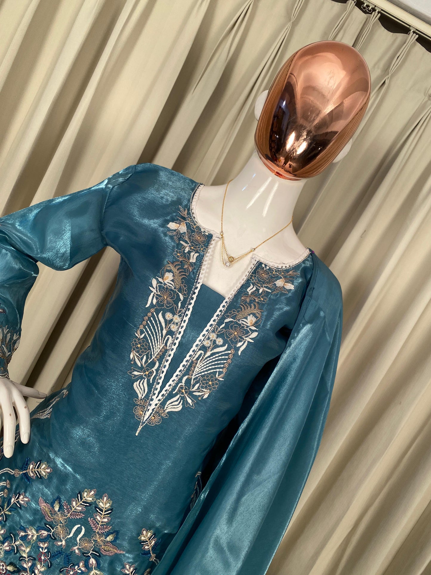 Sky Blue Designer Embroidered Organza Top with Farsi Salwaar & Dupatta Set