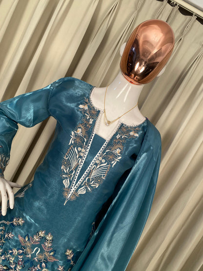 Sky Blue Designer Embroidered Organza Top with Farsi Salwaar & Dupatta Set