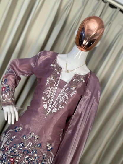 Pink Designer Embroidered Organza Top with Farsi Salwaar & Dupatta Set