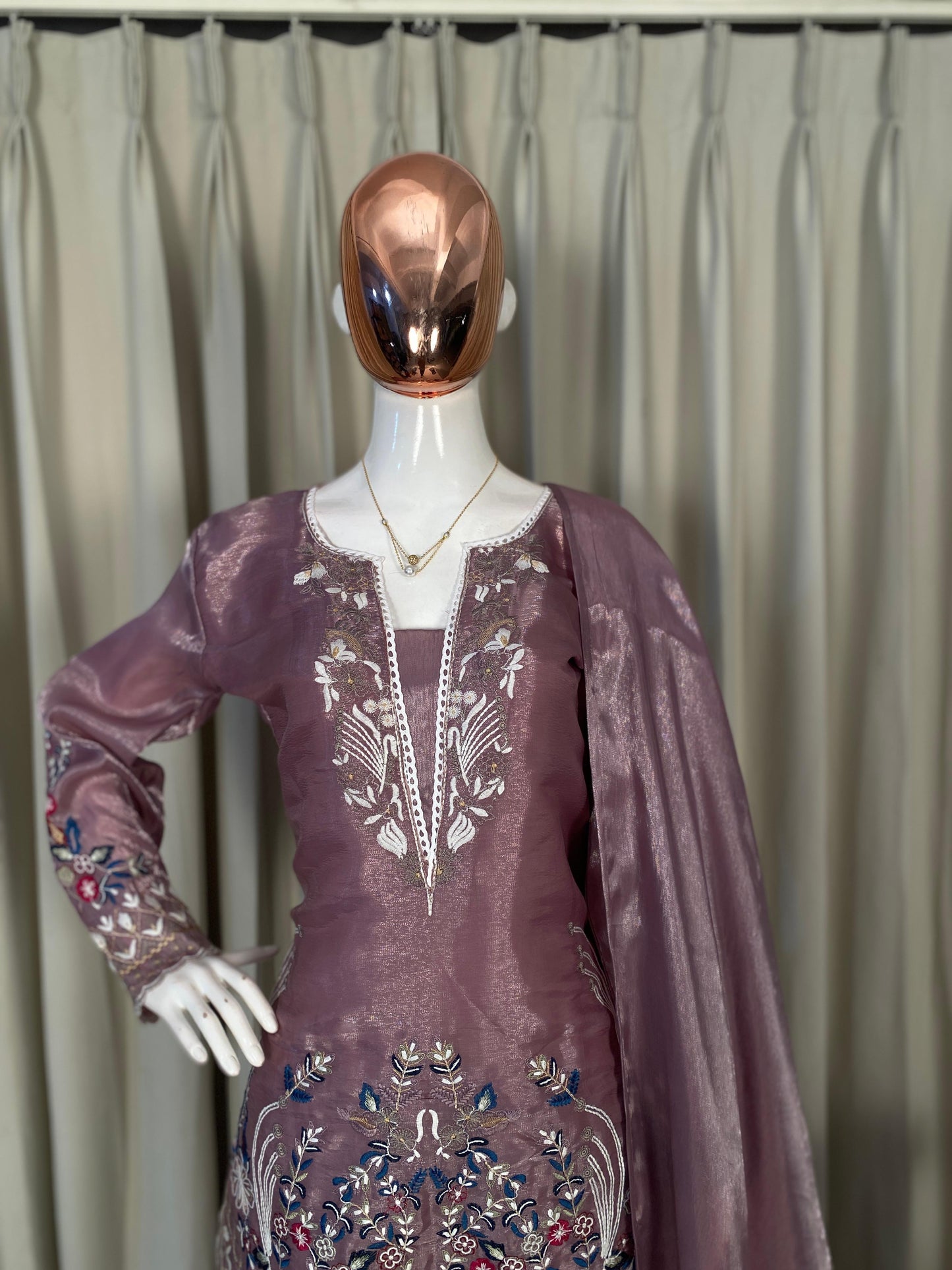 Pink Designer Embroidered Organza Top with Farsi Salwaar & Dupatta Set